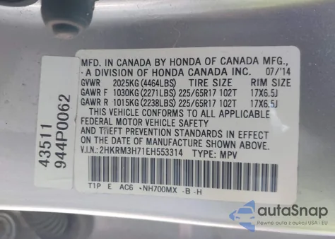 2014 Honda Cr-V Ex-L z USA, uszkodzony, nr VIN 2HKRM3H71EH553314